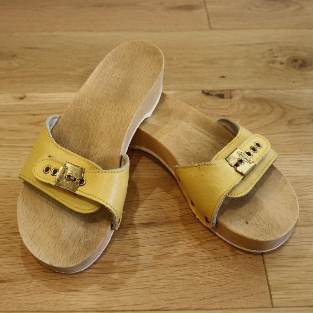 Dr. Scholl's Yellow Leather Slide Sandals with Gold Buckle